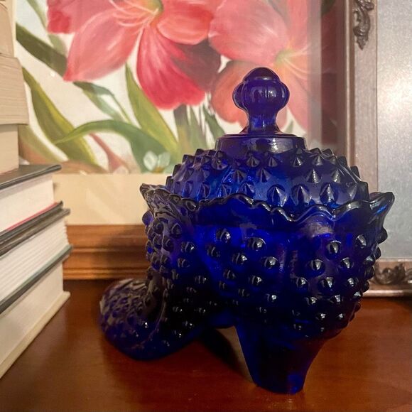Vintage Fenton Cobalt Blue Victorian Style Glass Hobnail Boot Shoe Covered Candy - Picture 2 of 7